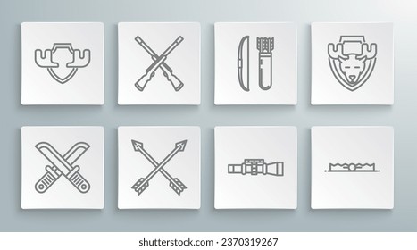 Set line Crossed hunter knife, Two crossed shotguns, arrows, Sniper optical sight, Trap hunting, Bow and quiver, Moose head on shield and horns icon. Vector