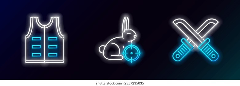 Set line Crossed hunter knife, Hunting jacket and on rabbit with crosshairs icon. Glowing neon. Vector