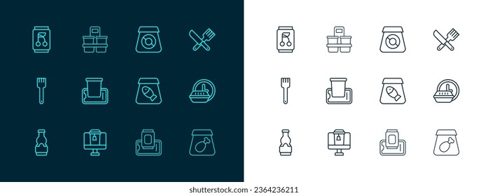 Set line Crossed knife and fork, Online ordering food, fish, Food on mobile, Soda can and Coffee cup to go icon. Vector