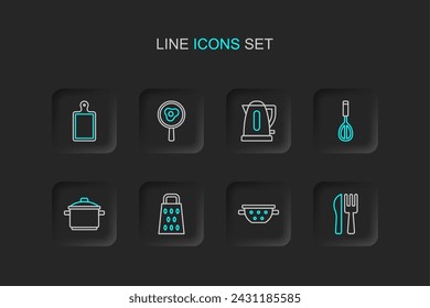 Set line Crossed knife and fork, Kitchen colander, Grater, Cooking pot, whisk, Electric kettle, Fried eggs on frying pan and Cutting board icon. Vector