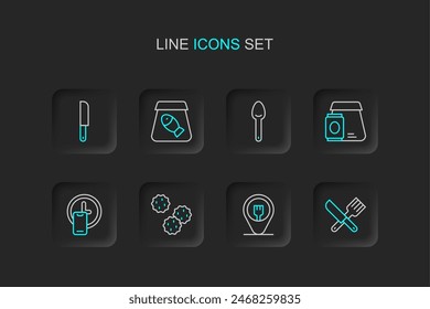 Set line Crossed knife and fork, Cafe restaurant location, Cookie biscuit, Round the clock delivery, Online ordering food, Spoon, fish and Knife icon. Vector