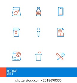 Set line Crossed knife and fork, Paper glass with water, Online ordering food, Restaurant cafe menu, Cup of tea, Spoon, Food mobile and Bottle icon. Vector