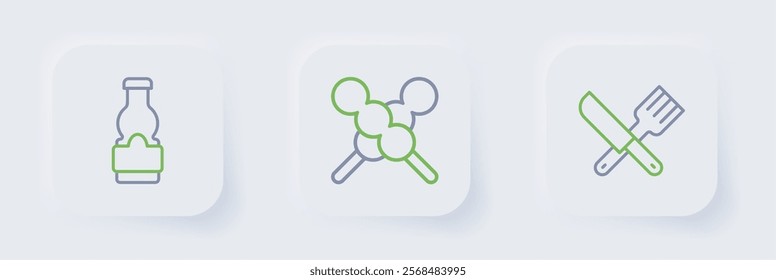 Set line Crossed knife and fork, Meatballs on wooden stick and Sauce bottle icon. Vector