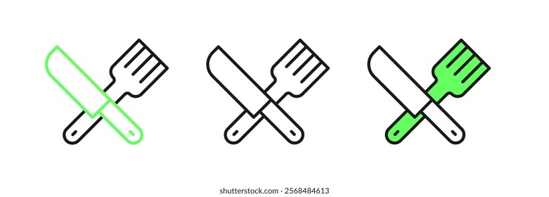 Set line Crossed knife and fork icon isolated on white background. Cutlery symbol.  Vector