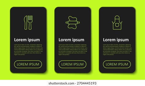 Set Linie Kreuzmesser und Gabel, Rollstift auf Teig und Küchenschürze. Vorlage für Geschäftsinformationen. Vektorgrafik