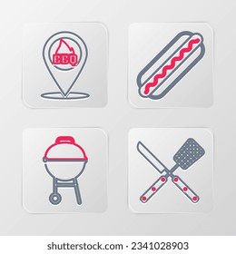 Set line Crossed knife and spatula, Barbecue grill, Hotdog sandwich and Location with barbecue icon. Vector