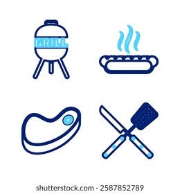 Set line Crossed knife and spatula, Steak meat, Hotdog sandwich and Barbecue grill icon. Vector