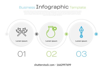 Línea Cruzada de hachas medievales, granada de mano y shuriken ninja japonés. Plantilla de infografía empresarial. Vector