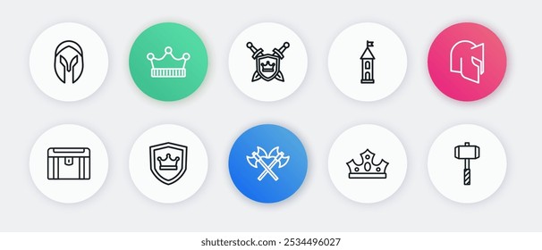 Set line Mittelalterliche Achsen, Mittelalterlicher Helm, Antike Schatztruhe, Königskrone, Schlossturm, Schild mit Schwertern, Kampfhammer und Ikone. Vektorgrafik