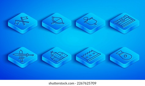 Set line Crossed medieval flag, Medieval bow and arrow, Castle, fortress, King crown, Antique treasure chest, sword and Old money bag icon. Vector