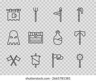 Bandera medieval cruzada, bola de maza encadenada medieval, letrero de la calle con barra, cofre del tesoro antiguo e icono de hacha. Vector