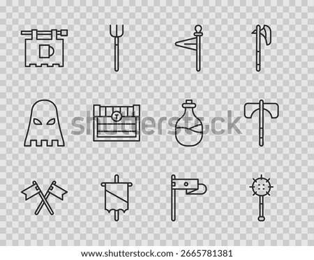 Set line Crossed medieval flag, Medieval chained mace ball, Street signboard with Bar, Antique treasure chest,  and axe icon. Vector