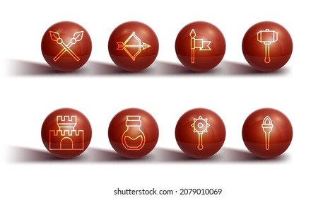 Línea Cruzada de lanzas medievales, Castillo, fortaleza, martillo, bola de macizo de cadena medieval, botella de veneno, arco y flecha, llama de antorcha e icono. Vector