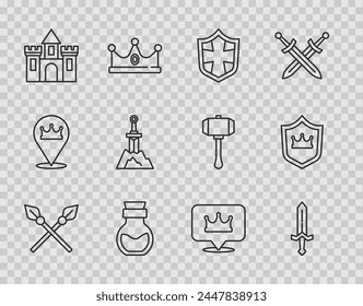 Set line Crossed medieval spears, Medieval sword, Shield, Poison in bottle, Castle, fortress, Sword the stone, Location king crown and with icon. Vector