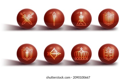 Set line Crossed medieval sword, Medieval shield with, Shield, King crown, bow and arrow, spear,  and Sword the stone icon. Vector