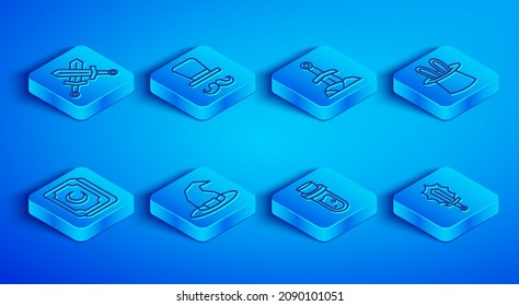 Set line Crossed medieval sword, Magician, Sword in the stone, Witch hat, Bottle with potion, and rabbit ears, Tarot cards and fire icon. Vector
