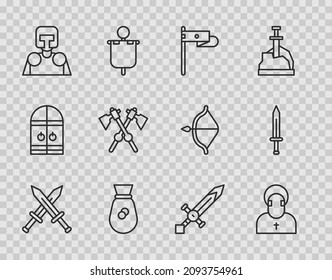 Set Linie Überquerte mittelalterliche Schwert, Mönch, mittelalterliche Flagge, alte Geldtasche, Ritter, Äxte und Symbol. Vektorgrafik