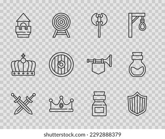 Set line Crossed medieval sword, Shield, Medieval axe, King crown, Castle tower, Round wooden shield, Poison bottle and  icon. Vector