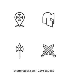 Línea Cruzada de la espada medieval, hacha medieval, cruzada e icono del casco. Vector