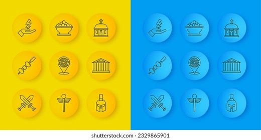 Set line Crossed medieval sword, Olive and cheese on chopstick, Minotaur labyrinth, Greek helmet, Parthenon, Zeus, Santorini building and Olives bowl icon. Vector