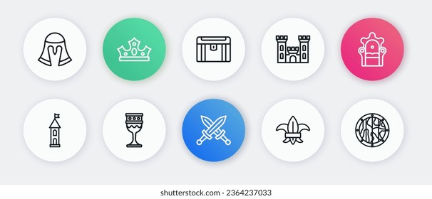 Set line Crossed medieval sword, Medieval throne, Castle tower, Fleur de lys lily flower, Antique treasure chest, Round wooden shield and goblet icon. Vector