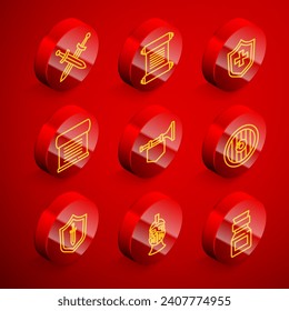 Línea Cruzada espada medieval, decreto, pergamino, pergamino, escudo, trompeta con bandera, escudo de madera redonda, icono medieval y de casco de hierro. Vector