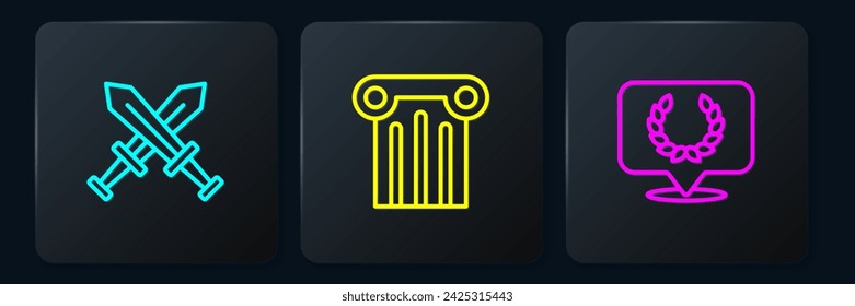 Espada medieval cruzada, corona de laurel y columna antigua. Botón cuadrado negro. Vector