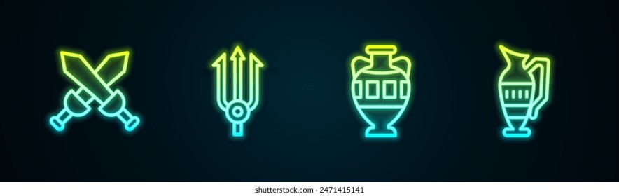 Set line Gekreuzte mittelalterliche Schwert, Neptun Trident, Alte Amphoren und . Leuchtendes Neon-Symbol. Vektorgrafik