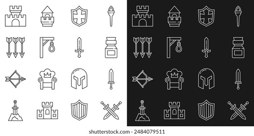 Set line Crossed medieval sword, Medieval, Poison in bottle, Shield, Gallows, arrows, Castle, fortress and  icon. Vector