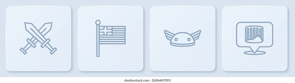 Set line Crossed medieval sword, Helmet with wings, Greece national flag and Ancient column. White square button. Vector