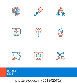 Set line Crossed medieval sword, King crown, Medieval bow and arrow, Castle tower, Crusade, poleaxe, Princess queen and Mace with spikes icon. Vector