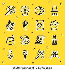 Set line Crossed medieval sword, Bottle with potion, Magic ball, Moon and stars, Wooden axe, stone, wand and Ancient magic book icon. Vector