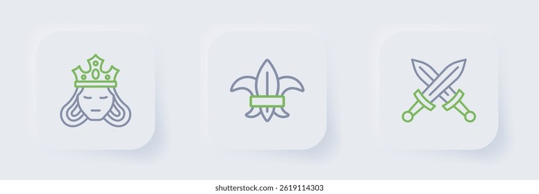 Set line Crossed medieval sword, Fleur de lys lily flower and Princess queen icon. Vector