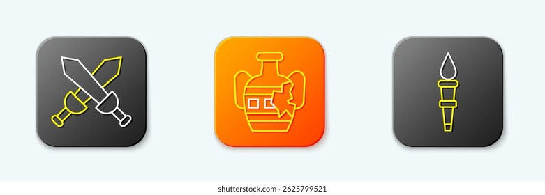 Espadaña medieval cruzada, ánforas rotas e icono de llama de la antorcha. Vector