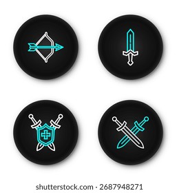 Set line Crossed medieval sword, Medieval shield with swords,  and bow and arrow icon. Vector