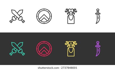 Set line Crossed medieval sword, Greek shield, Medusa Gorgon and Dagger on black and white. Vector