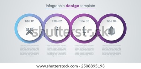 Set line Crossed medieval sword, Medieval spear,  and Shield. Business infographic template. Vector