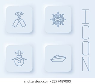 Set line Crossed oars or paddles boat, Ship steering wheel, Submarine and Speedboat. White square button. Vector