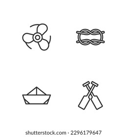 Set line Crossed oars or paddles boat, Folded paper, Boat propeller and Nautical knots icon. Vector