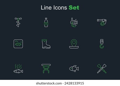 Set line Crossed oars or paddles boat, Fish, Camping folding chair, Dead fish, Spring scale, Location fishing, Fishing boots and Winter icon. Vector