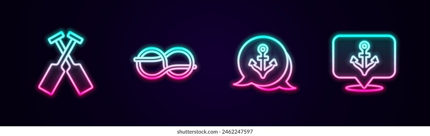 Set line Crossed oars or paddles boat, Nautical rope knots, Anchor and . Glowing neon icon. Vector