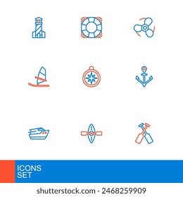 Set line Crossed oars or paddles boat, Kayak and, Speedboat, Anchor, Windsurfing, Compass, Boat propeller and Lifebuoy icon. Vector