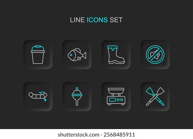 Set line Crossed oars or paddles boat, Electronic scales, Fishing float, Inflatable with motor, Speaker mute, boots,  and bucket icon. Vector