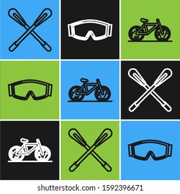 Set line Crossed paddle, Bicycle and Ski goggles icon. Vector