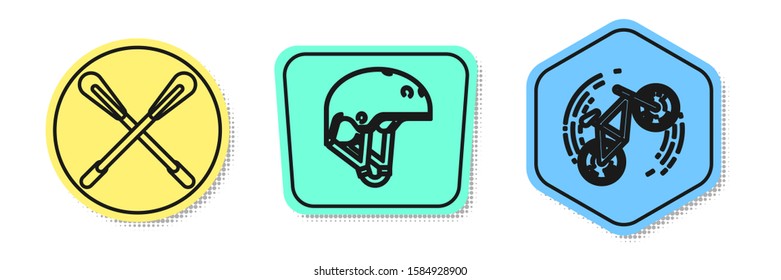 Set line Crossed paddle, Helmet and Bicycle trick. Colored shapes. Vector