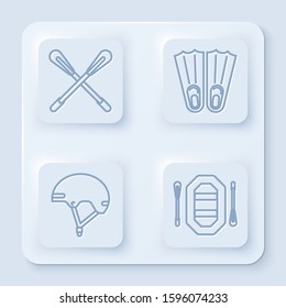 Set line Crossed paddle, Rubber flippers for swimming, Helmet and Rafting boat. White square button. Vector