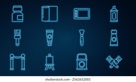 Set line Crossed paint brush, Tube with palette, Graphic tablet, Paint, Paint, gouache, jar, dye,  and Paper towel roll icon. Vector