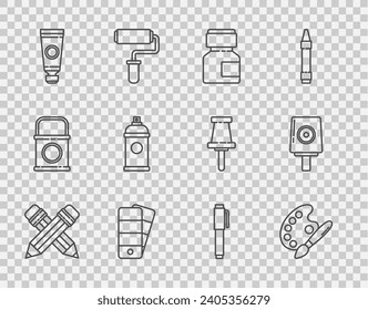 Set line Crossed pencil with eraser, Paint brush palette, Paint, gouache, jar, dye, Palette, Tube paint, spray can, Pen and Spray nozzle cap icon. Vector