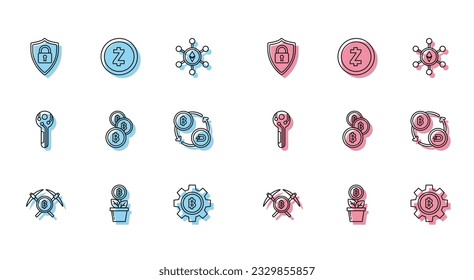 Set line Crossed pickaxe, Bitcoin plant in the pot, Shield security with lock, Cryptocurrency, exchange, key and Zcash ZEC icon. Vector