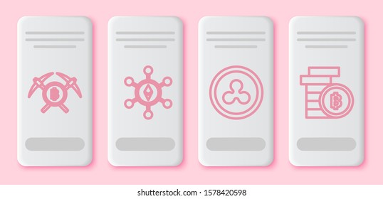 Set line Crossed pickaxe, Blockchain technology Ethereum ETH, Cryptocurrency coin Ripple XRP and Cryptocurrency coin Bitcoin. White rectangle button. Vector